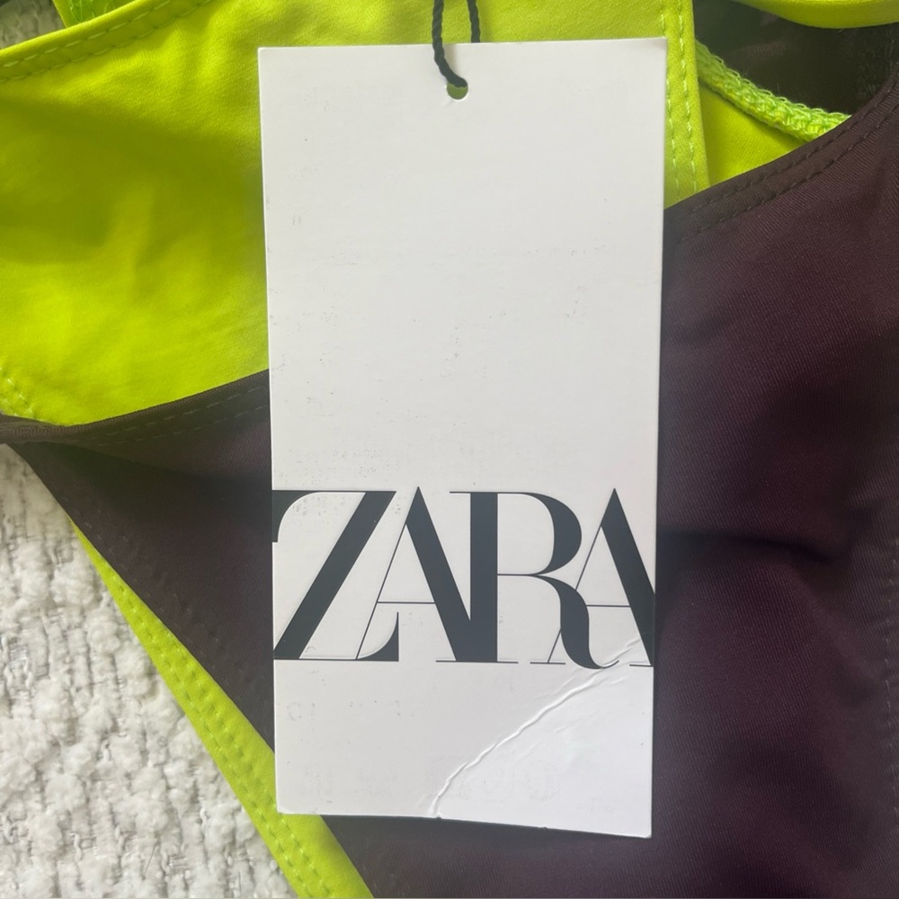 NWT Zara Double Bikini Bottom Swim Suit Size Medium Brown Neon Green Vacation - Picture 4 of 11